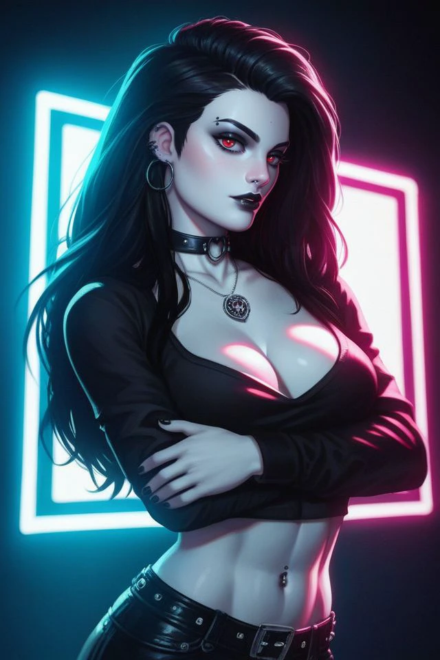 score_9, score_8_up, score_7_up,  1girl, goth, pale skin, (freckles:0.6), (dramatic lighting:0.8), neon lighting, rembrandt lighting, noir, pinup, portrait