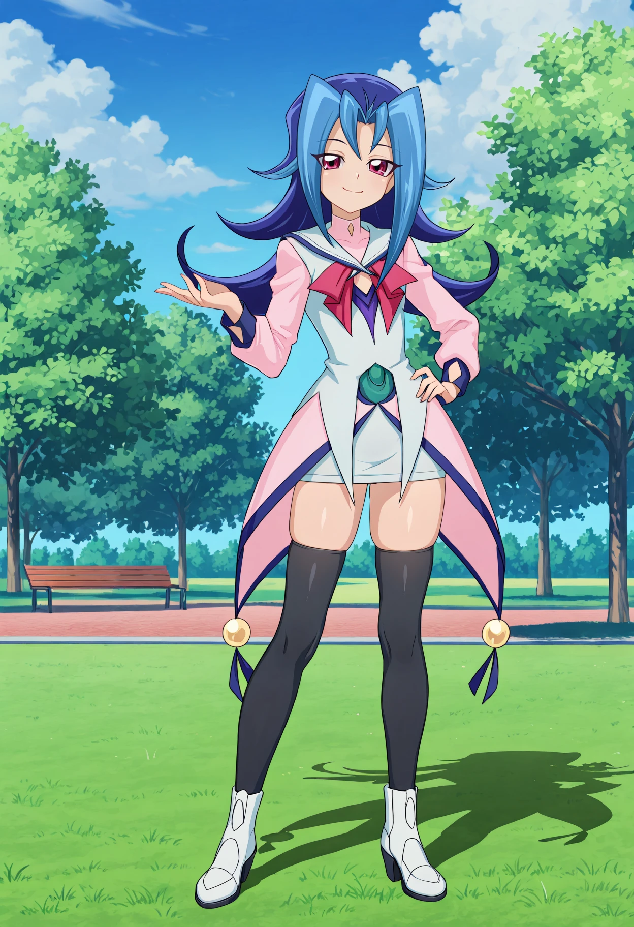 masterpiece, best quality, very aesthetic, absurdres, full body, solo, 1girl, <lora:Rio Kamishiro (Yu-Gi-Oh! ZEXAL):1>, rio kamishiro, rk1, two-tone dress, short dress, pink dress, white dress, purple trim, red bowtie, long sleeves, black thighhighs, skindentation, ankle boots, high heel boots, white boots, gold trim, standing, hand on own hip, looking at viewer, smile, smug, park, grass, trees, blue sky, clouds, outdoors, <lora:CleanAnime - [Enchanter] - illustriousXL v1:1>