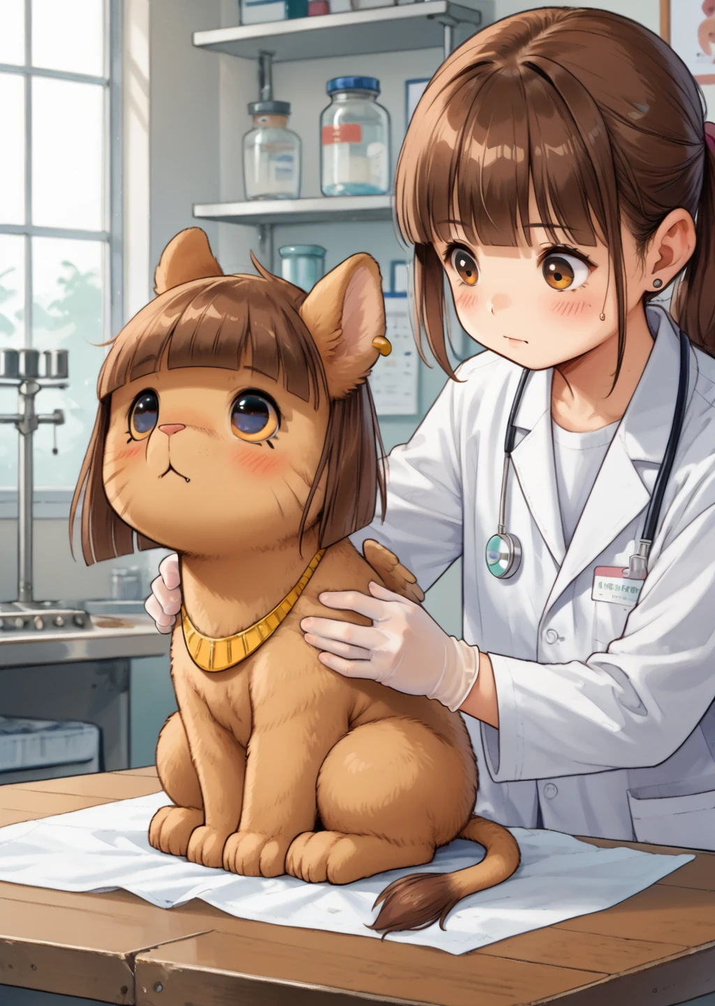 score_9, score_8_up, score_7_up, score_6_up, score_5_up, score_4_up, vetcheck, human, 1girl, veterinarian, lab coat, rubber gloves, inspection, hands, holding animal, animal focus, inspection table, cute female furry feral chibi m4gp1e, sitting, confused, blushing, source_furry  <lora:Magpie (Riddle Me This!) [Pony]_epoch_12:1> m4gp1e, sphinx, feral, jewelry <lora:Veterinarian_inspection:0.7>