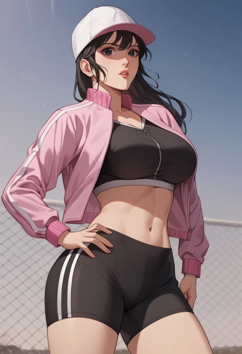 score_9, score_8_up, score_7_up, BREAK, SuQingying, long hair, black hair, black eyes, large breasts, SuSport, baseball cap, sports bra, midriff, pink jacket open jacket, black shorts, bike shorts, 1girl, solo,