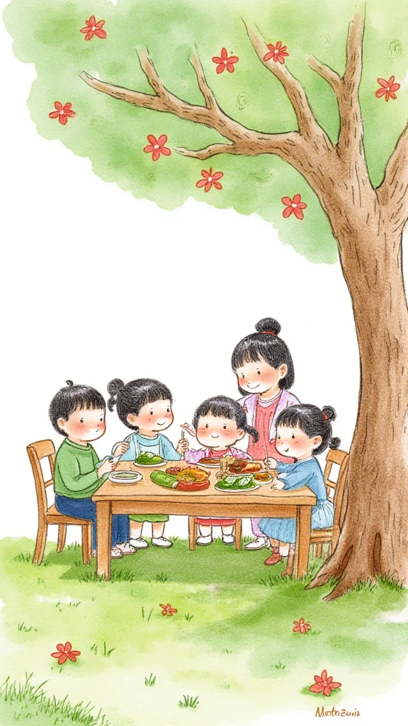 crayon drawn,A family of five people eating together,table,tree,