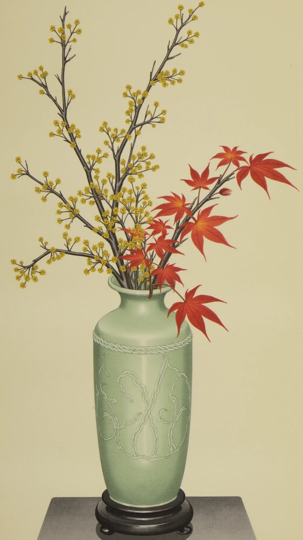 A traditional Chinese still life painting, centered with complete view, featuring fragrant osmanthus branches with tiny golden flowers and red autumn maple leaves, arranged in a tall celadon vase with rope pattern relief, supported by a black lacquered wooden stand, watercolor art style, beige background