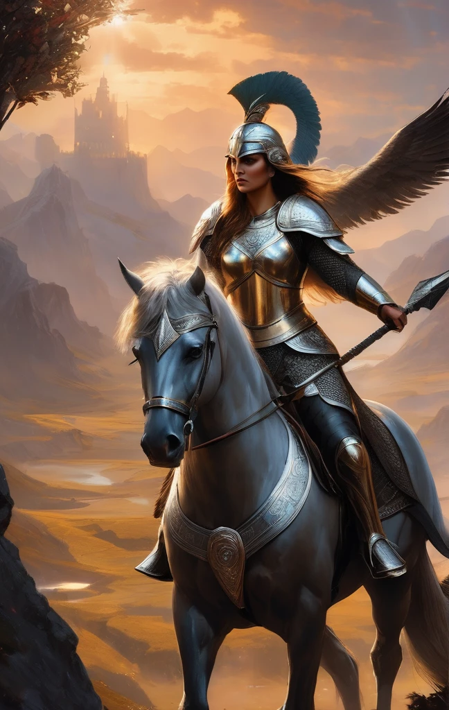 Ultra realism, high quality, high resolution 8K and above, stable and accurate focus, ultra correct anatomy, super detail. Valkyries depicted in their majestic form ready for battle.
- **Valkyries**: Beautiful, imposing warrior maidens clad in shining bronze armor with ornate helmets and winged helmets. They hold spears and swords that glitter in the light. Each Valkyrie carries a shield with runic symbols and intricate carvings. Their faces radiate determination and courage, their hair long and flowing in the wind.
- **Horses**: Winged steeds covered with silvery scales that fly over land and sea. The horses' wings are spread, creating an impressive sense of movement and power.
- **Background**: A harsh mountain landscape shrouded in clouds and mists. The sky is lit by dawn or sunset, adding drama to the scene. Distant castles and ancient ruins can be seen on the horizon, accentuating the mythical atmosphere.
- **Atmosphere**: High tech and futuristic, emphasizing the grandeur of the Valkyries and their readiness for battle.
- **Lighting Effects**: Soft dawn or dusk lighting effects that illuminate the scene and highlight the details in the Valkyries' armor and weapons.
- **Details**: Runic symbols and intricate carvings on the shields and armor, detailed textures on the winged horses and armored Valkyries, flowing hair and flames in the Valkyries' eyes.