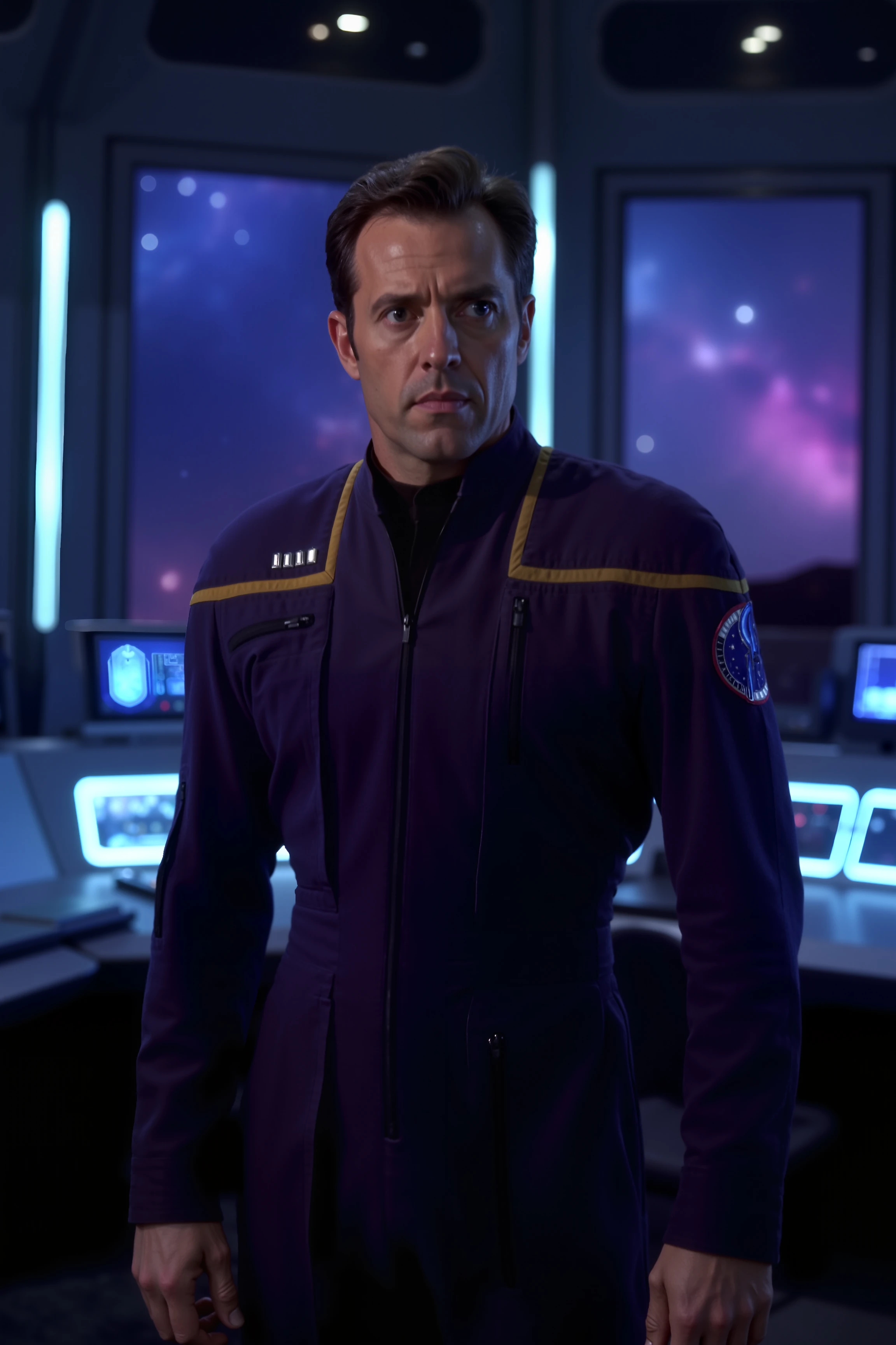 A high-resolution photo of a futuristic starship bridge, bathed in soft, ambient light from the shipâs control panels and displays. At the center of the scene, the captain, dressed in a striking navy blue stentps uniform with yellow lines and 4 rankbars at shoulder, stands confidently at the command station. The uniformâs sleek design and distinctive color contrast sharply with the cool, metallic tones of the bridgeâs advanced technology. Behind the captain, large windows reveal a breathtaking view of distant galaxies and vibrant nebulae. The bridge is filled with an array of holographic interfaces and glowing control consoles, creating a high-tech, immersive environment. The captainâs posture and focused expression exude leadership and resolve, perfectly capturing the essence of futuristic command. <lora:STEntps_FLUX:1.2>