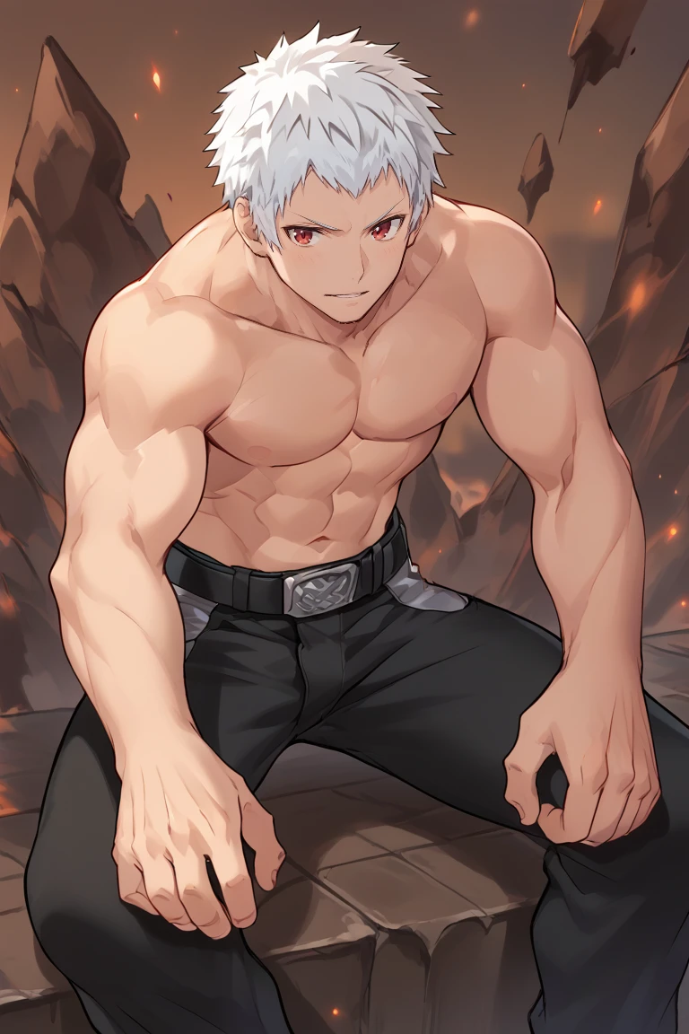 work of art, best qualityer, a messy white medium haired boy, Slim and muscular body, show your penis, bottom trapped in a dungeon