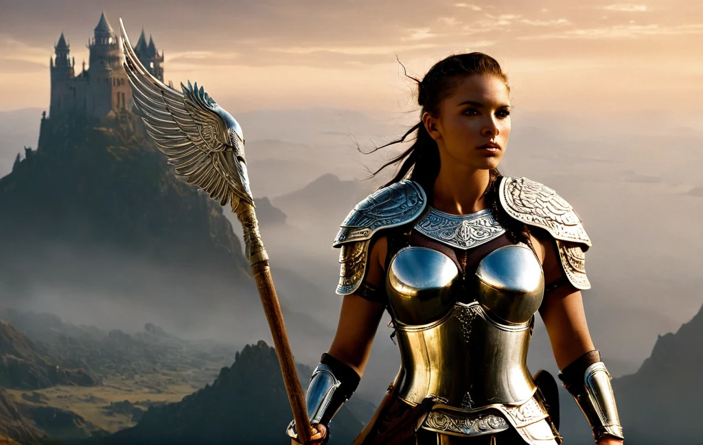 Ultra realism, high quality, high resolution 8K and above, stable and accurate focus, ultra correct anatomy, super detail. Valkyries depicted in their majestic form ready for battle.
- **Valkyries**: Beautiful, imposing warrior maidens clad in shining bronze armor with ornate helmets and winged helmets. They hold spears and swords that glitter in the light. Each Valkyrie carries a shield with runic symbols and intricate carvings. Their faces radiate determination and courage, their hair long and flowing in the wind.
- **Horses**: Winged steeds covered with silvery scales that fly over land and sea. The horses' wings are spread, creating an impressive sense of movement and power.
- **Background**: A harsh mountain landscape shrouded in clouds and mists. The sky is lit by dawn or sunset, adding drama to the scene. Distant castles and ancient ruins can be seen on the horizon, accentuating the mythical atmosphere.
- **Atmosphere**: High tech and futuristic, emphasizing the grandeur of the Valkyries and their readiness for battle.
- **Lighting Effects**: Soft dawn or dusk lighting effects that illuminate the scene and highlight the details in the Valkyries' armor and weapons.
- **Details**: Runic symbols and intricate carvings on the shields and armor, detailed textures on the winged horses and armored Valkyries, flowing hair and flames in the Valkyries' eyes. <lora:perfect-eyes:1> <lora:perfection style:1> <lora:skin texture style v4:0.6> <lora:skin tone style v2:0.5> <lora:xl_more_art-full_v1:0.4>