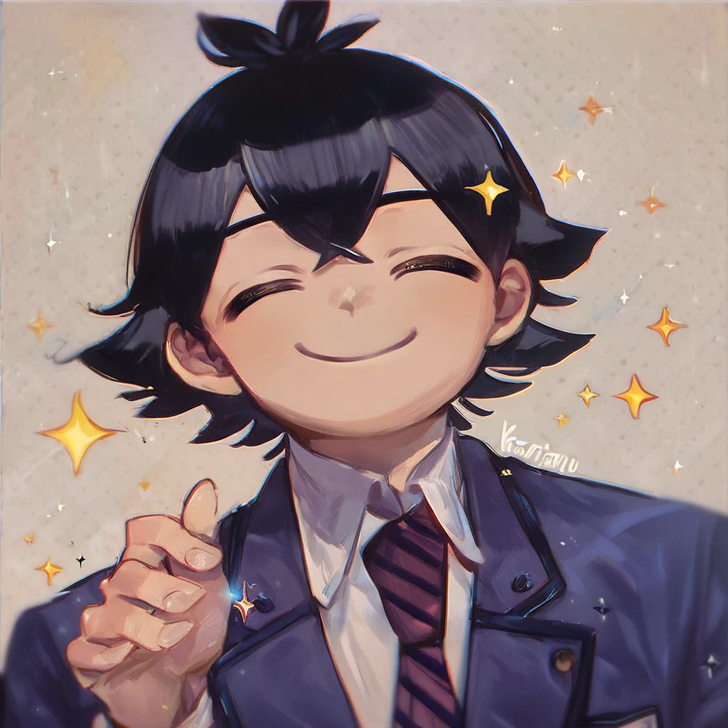 (masterpiece), score_9, score_8_up, score_7_up, score_6_up, score_5_up, score_4_up, 1boy, solo, Kometani, black hair , closed eyes, striped necktie, school uniform, looking at viewer, smile, sparkles