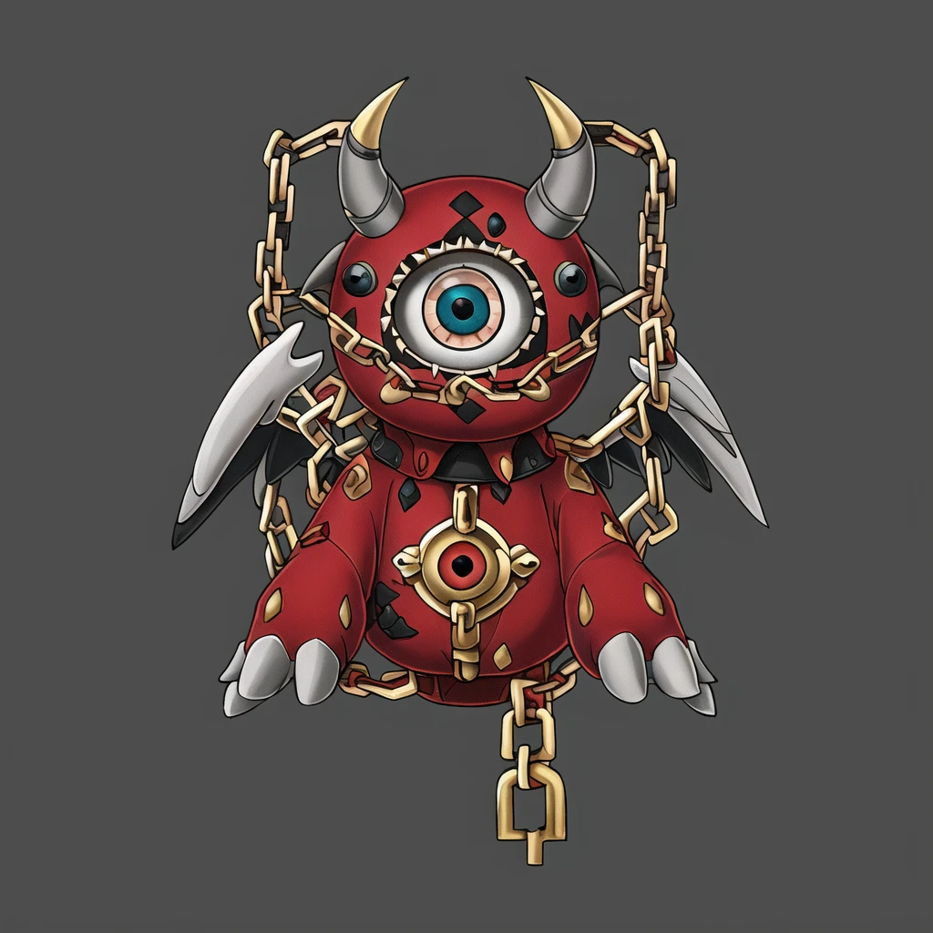 ((( gray background, simple background))),masterpiece,best quality,great quality,good quality,gmic_\(chaomingicon\),A red and gold one-eyed demon puppet with horns on its head,a nail sticking out of its hand,a large eyeball,chains,chains,a gray background,horns,no people,a simple background,spikes,wings,<lora:gmic iocn_ç½é¾v1.0-000014:0.75>,