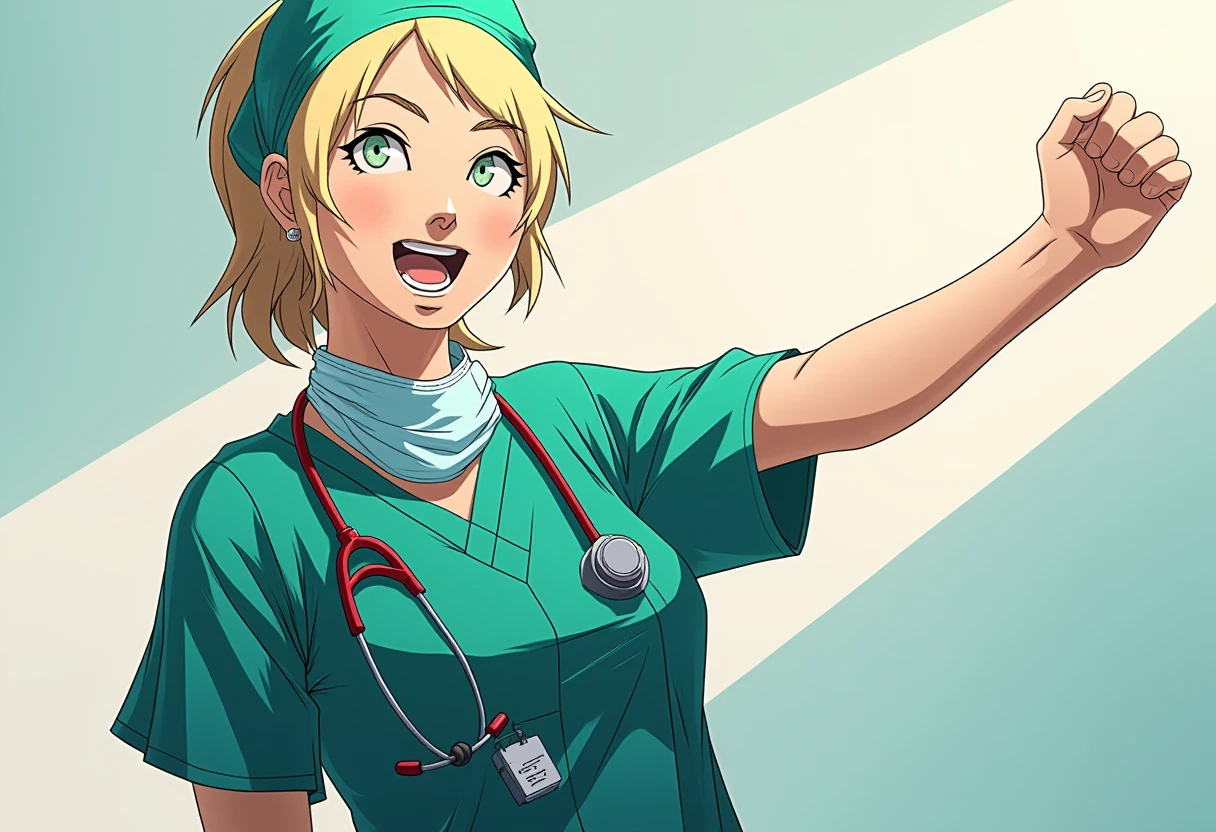 A detailed solo portrait of  angela_thompson
Anime style, sharp, high contrast and highly detailed.,,,
<lora:angela_thompson_flux_1_2-000008:1>,, A detailed solo portrait of a female doctor.
Full body, wide angle. Do not draw the head too big.
She is wearing green surgical scrubs, including a matching surgical cap. She has a joyful, triumphant expression on her face as she raises her right fist in a celebratory gesture. Her surgical mask hangs loosely around her neck, and she appears to be full of energy and positivity, possibly after a successful procedure or moment of achievement. The white background emphasizes her expressive pose and confident demeanor.