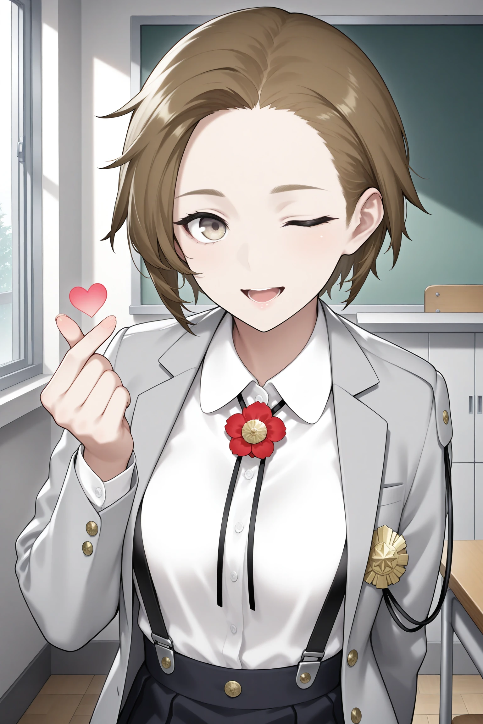 masterpiece, best quality, amazing quality, highres, absurdres, very aesthetic, high resolution, ultra detailed, perfect details, 1girl, looking at viewer, indoors, medium breasts, caligula female protagonist, short hair, brown hair, brown eyes, school uniform, long sleeves, grey jacket, open jacket, white shirt, medal, flower, suspenders, black skirt, pleated skirt, miniskirt, purple socks, loafers, <lora:Caligula_Female_Protagonist:0.8>, (upper body:1.5), smile, (finger heart:1.5), wink, open mouth