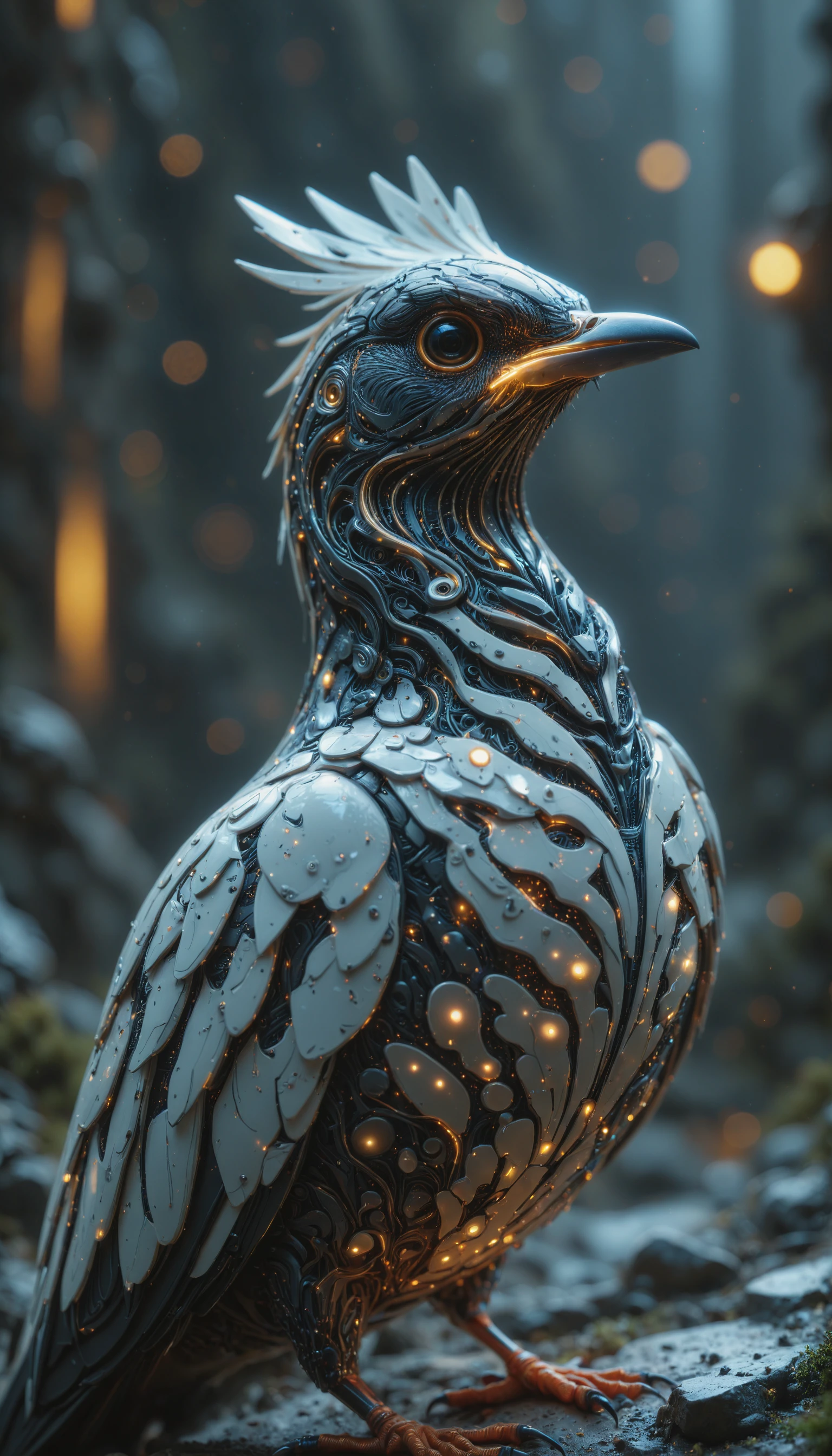 a bird with cybernetic skin and implants., <lora:XL_Cybernetic-Corruption_V1.1.safetensors:1.0:1.0>