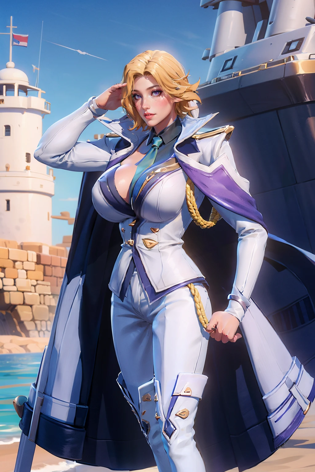 ((salute))
, <lora:Taara_Soldier's_Fortune_AoV_Model_LoRA:0.8>, Taara_Soldier's_Fortune, 1girl, solo, short hair, blonde hair, looking at viewer, purple eyes, mole under eye, nose, lips, parted lips, necktie, blue necktie, collared shirt, breasts, (large breasts:1.8), shirt, jacket, white jacket, cape, pants, white pants, thighhighs, boots, thigh boots, high heels, high heel boots, white footwear, jewelry
, barracks, warship, battle port background, sea, naval unit, sailor
, side, from side, side view, best quality, ultra high res, (photorealistic:1.4), masterpiece, real life skin, hyper real