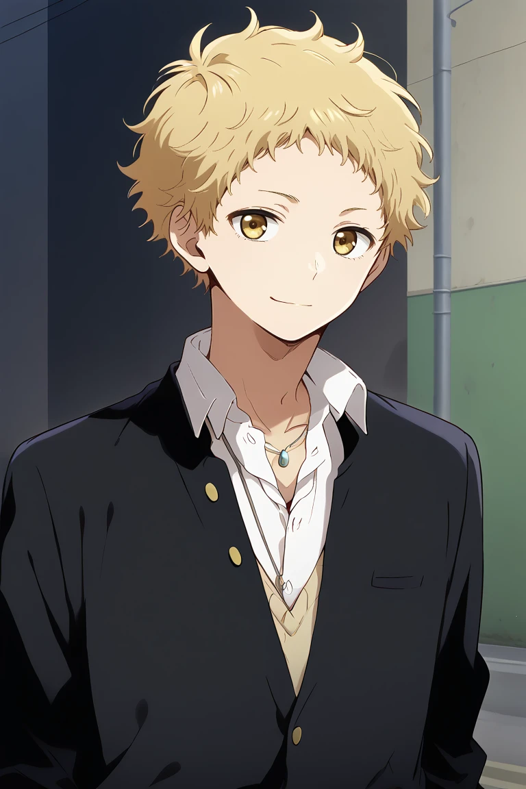 1boy,solo,male focus,tsukishima kei,blonde hair,short hair,yellow eyes,light smile,street,necklace,collared shirt, plied shirt