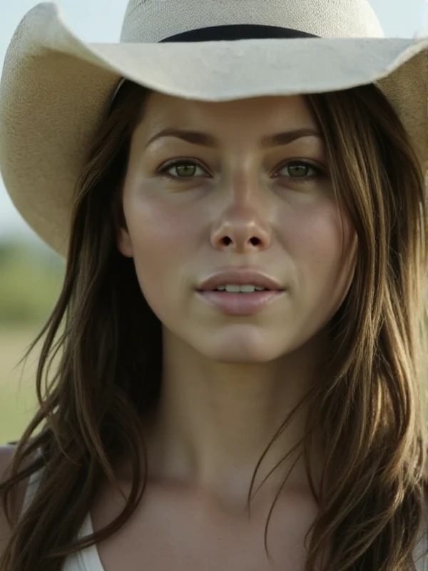 <lora:Erin_Hardesty:0.9> erin hardesty, a woman , long hair, brown hair, hat. closeup face portrait