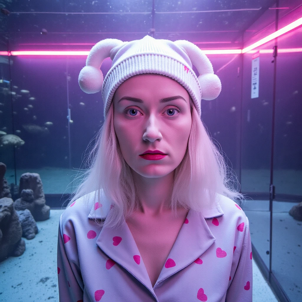 A photorealistic full body shot of a platinum blonde woman, wearing pajamas with hearts design and wearing a sleeping hat, in an underwater aquarium, surreal cold colors and amazing contrasting vibrant colors, filled with diffused pink light filtering through the windows .The shot is captured in a wide-angle with a low perspective, creating a dreamlike contrast between the worlds. Soft pastels and muted grays set the mood. Camera Settings: Captured with a Canon EOS 5D Mark IV, 35mm lens, f/1.8, with a slight bokeh effect in the background to focus on her gaze.,florab,borsif,flobo_art, shot by Flora Borsi xD