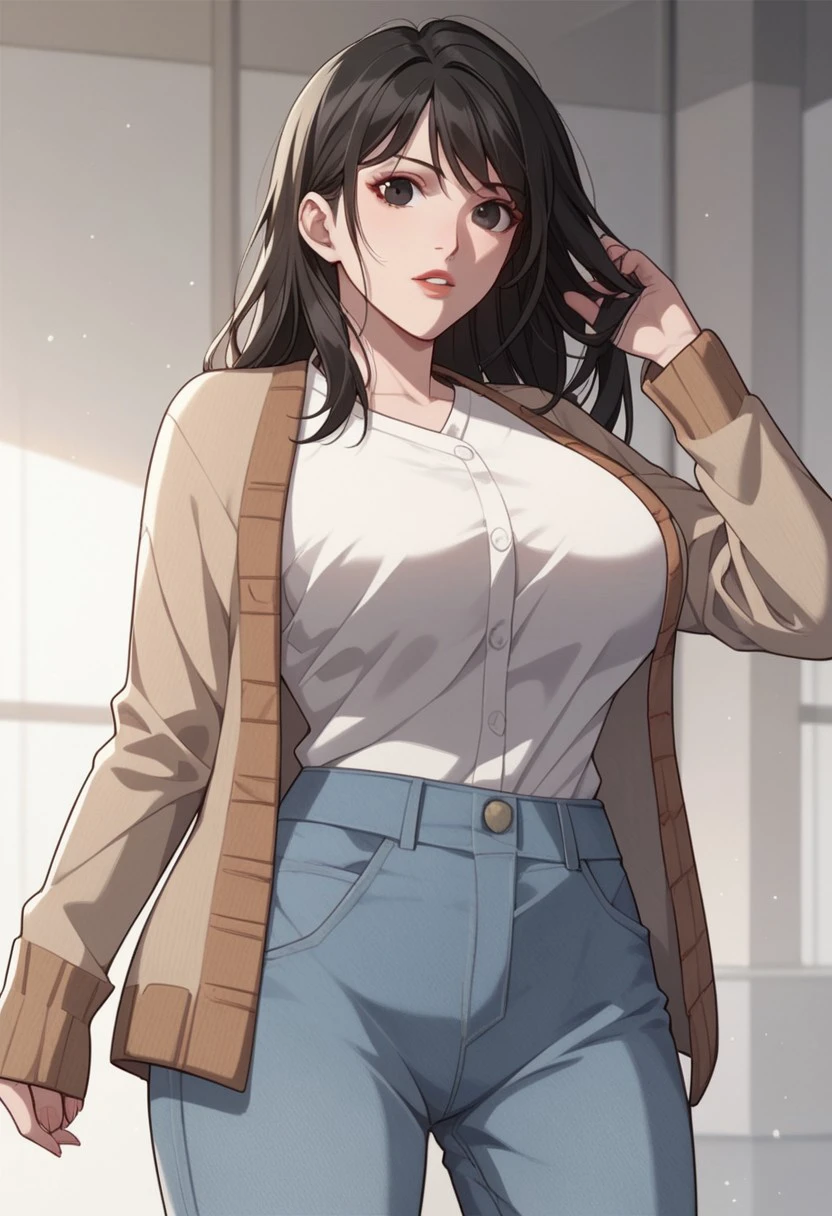 score_9, score_8_up, score_7_up, BREAK, SuQingying, long hair, black hair, black eyes, large breasts, CasualBrown, brown cardigan, open cardigan, white shirt, shirt tucked in, denim, pants, 1girl, solo,