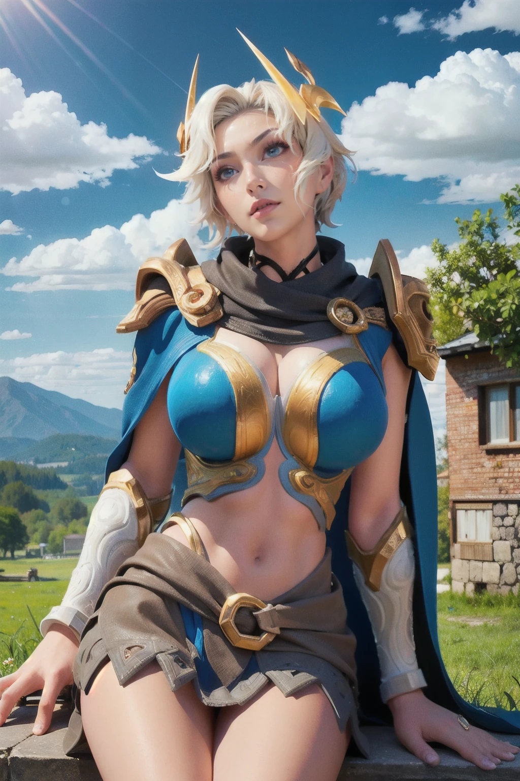 <lora:Taara_Utopian_AoV_Model_LoRA:0.8>, Taara_Utopian, 1girl, solo, short hair, blonde hair, white hair, hair ornament, flower, hair flower, looking at viewer, blue eyes, eyelashes, mole, mole under eye, lips, parted lips, shoulder armor, pauldrons, breasts, large breasts, armor, cape, blue cape, navel, tattoo, legs, boots, sandals, toes, toeless footwear
,lawn, meadow, sky, sunlight, clouds, grass, mountains,, best quality, ultra high res, (photorealistic:1.4), masterpiece, real life skin, hyper real