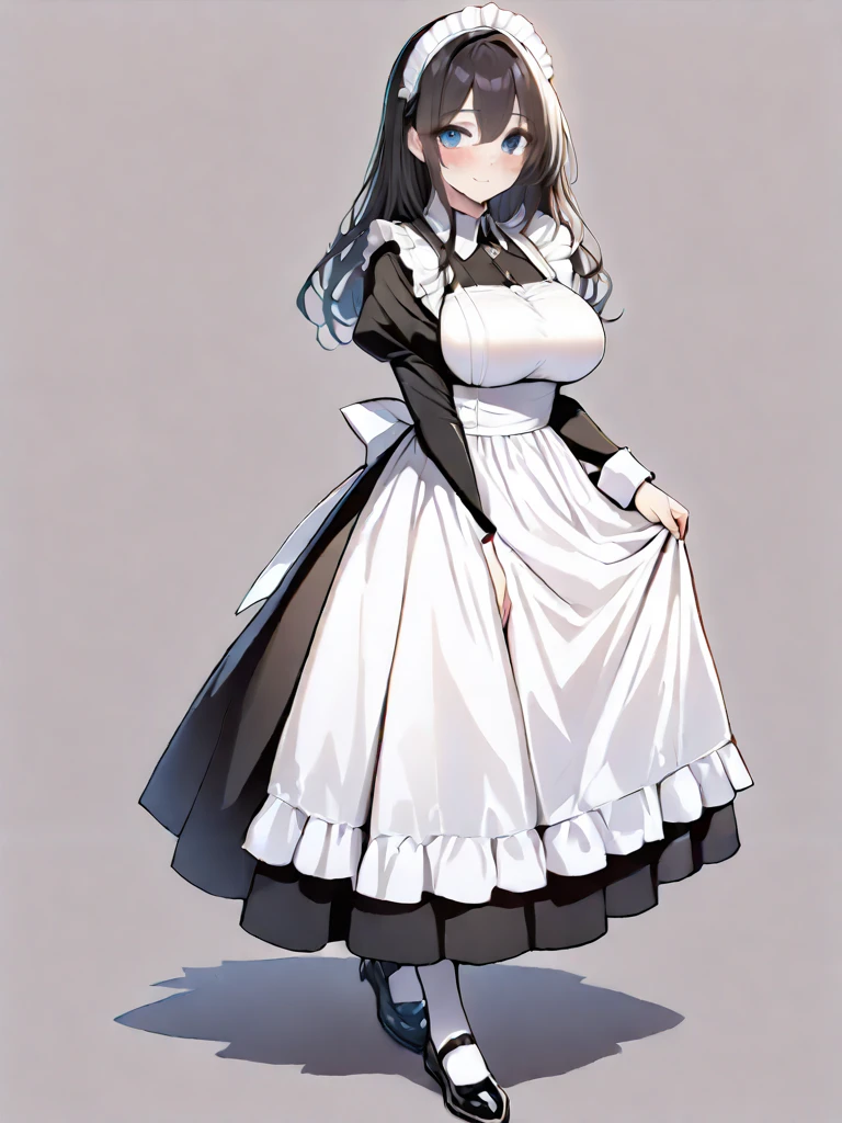 (masterpiece,ultra-detailed,best quality,8K,CG:1),illustration,(cute face,clean skin ,shiny hair,ultra-detailed-eyes:1),1girl,large breasts,simple background , <lora:maid classic_illustrious_V1.0:1> maid, maid apron, maid headdress, puffy sleeves, pantyhose