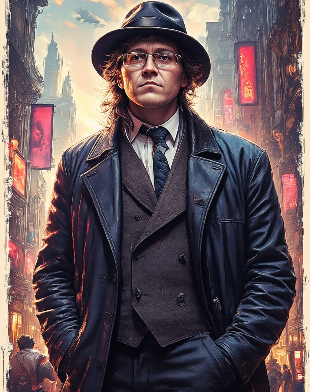 full color illustration, Beauty, Comic book style, grunge style, nightmare, play of shadow and light, 
19th century A provincial youth goes to London. He is full of dreams of love, friendship, glory. But real life spoils him. Illustration. The character with glasses is dressed in a suit and hat of the 19th century. He is depicted from the waist up, <lora:RINTV_Flux:1.4>, <lora:aidmaMJ6.1v0.4:1>, <lora:FluxDFaeTasticDetails:1>