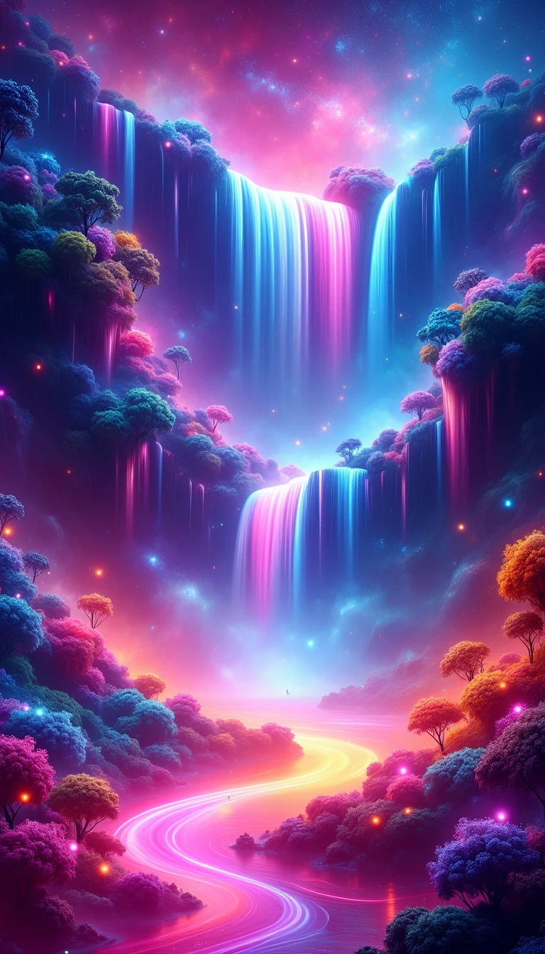 A cosmic waterfall cascading from floating islands, with glowing stars and nebulae in the background. The water glows in vibrant shades of neon pink, blue, and orange as it flows into a shimmering pool surrounded by iridescent plants. Magical fireflies hover around, leaving sparkling trails of light. The scene has a dreamy, otherworldly feel, with soft mist and stardust filling the air.