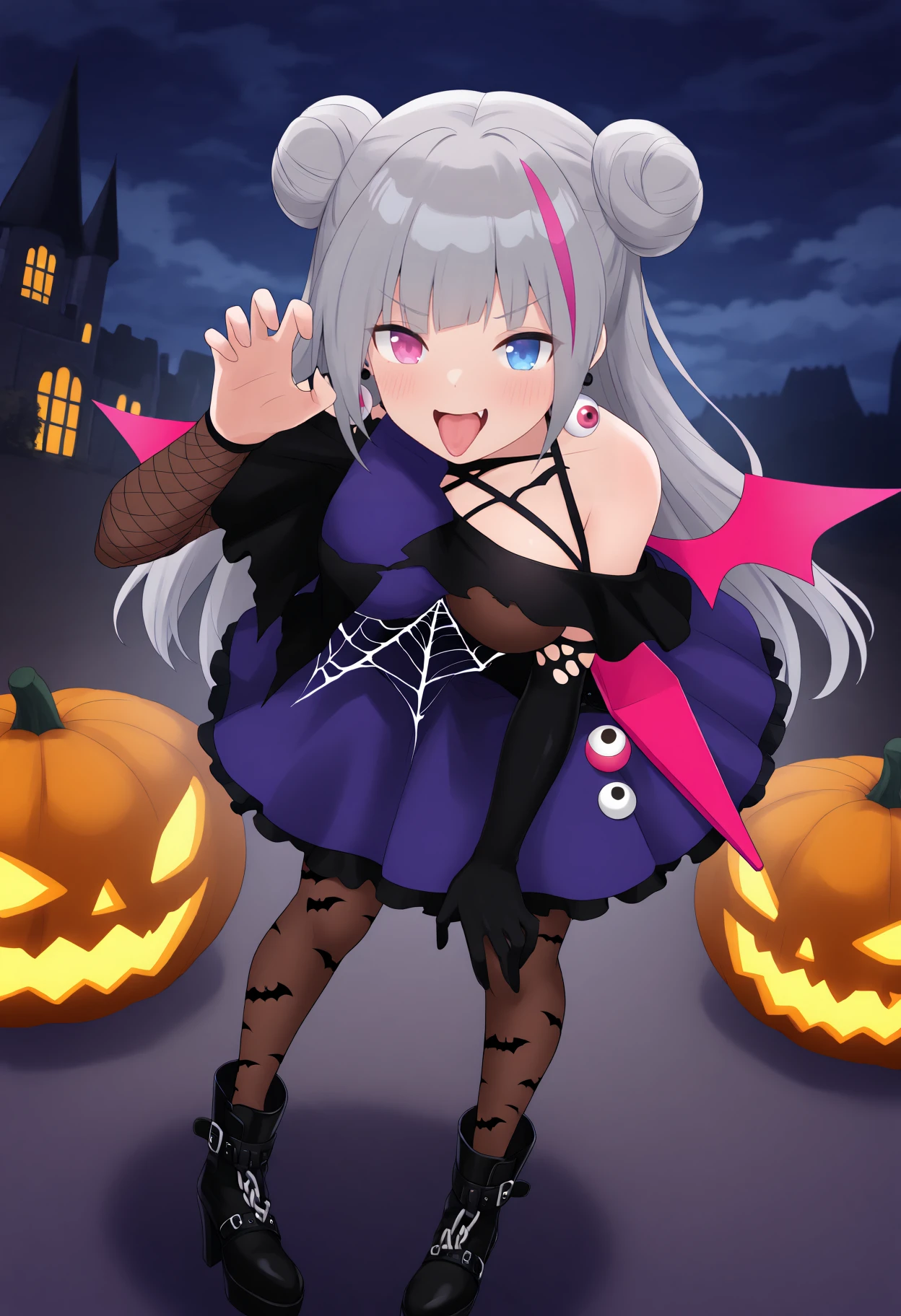 masterpiece, best quality, very aesthetic, absurdres, full body, solo, 1girl, <lora:Kuro (MICAverse):1>, kuro, grey hair, streaked hair, pink hair, heterochromia, spirit trap, hair bun, double bun,long hair, black horns, eyeball earrings, two-tone dress, purple dress, black dress, frilled dress, frills, spider web, off-shoulder dress, single strap, brown bodystocking, magenta wings, eyeball ornament, chain, brown pantyhose, bat print, black boots, ankle boots, high heel boots, belt boots, single black elbow glove, single detached sleeve, standing, pigeon-toed, leaning forward, claw pose, open mouth, tongue out, smile, v-shaped eyebrows, blush, looking at viewer, facing viewer, halloween, jack-o'-lantern, castle, bare trees, mountains, night, cloudy sky, outdoors, <lora:CleanAnime - [Enchanter] - illustriousXL v1:1>