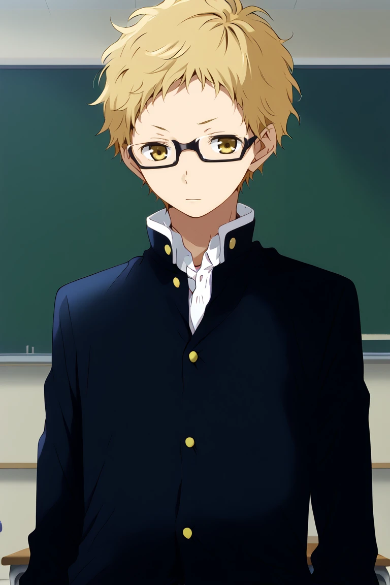 1boy,solo,male focus,tsukishima kei,blonde hair,short hair,glasses,yellow eyes,classroom,school uniform,gakuran