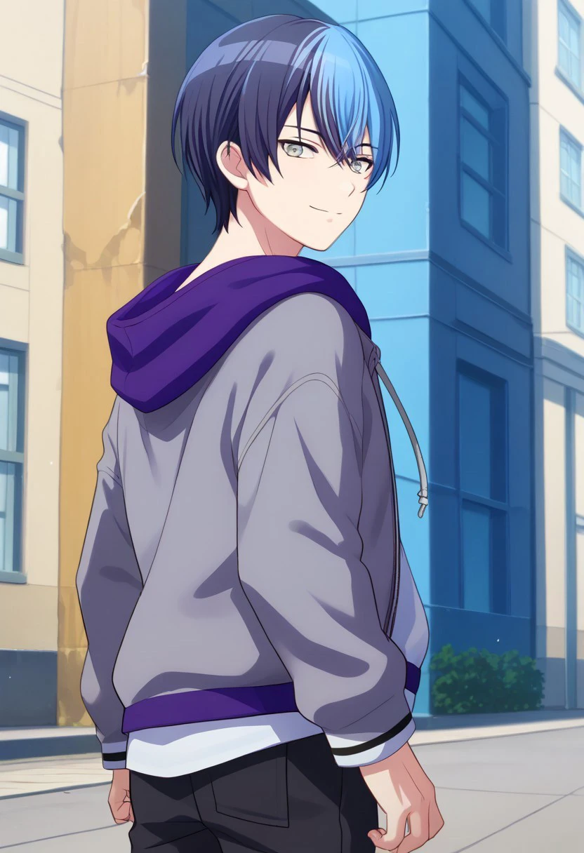 score_9, score_7_up, source_anime, 

aoyagi, 1boy, male focus, solo, grey eyes, split-color hair, multicolored hair, two-tone hair, blue hair, black hair, short hair, bangs, shirt, hoodie, hood, purple hoodie, jacket, grey jacket, open jacket, open clothes, pants, black pants, from back, looking back, smile

outdoor, building,