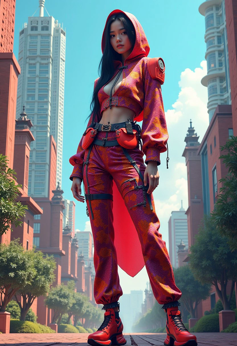 Ultra High Resolution Art of a poised Indonesian girl, adorned in a vibrantly patterned, futuristic suit that melds traditional textiles with avant-garde synthetics, standing confidently amidst a stylized, blended backdrop of modern skyscrapers and ancient Indonesian architecture, award-winning, epic composition, ultra detailed, in the style of Syd Mead's futuristic visions, utilizing physically-based rendering for lifelike lighting and shadows, edited in a vivid, neon-enhanced color style.