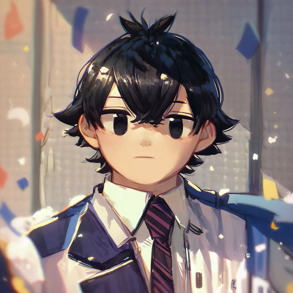 (masterpiece), score_9, score_8_up, score_7_up, score_6_up, score_5_up, score_4_up, 1boy, solo, Kometani, black hair , black eyes, striped necktie, school uniform, looking at viewer, :>