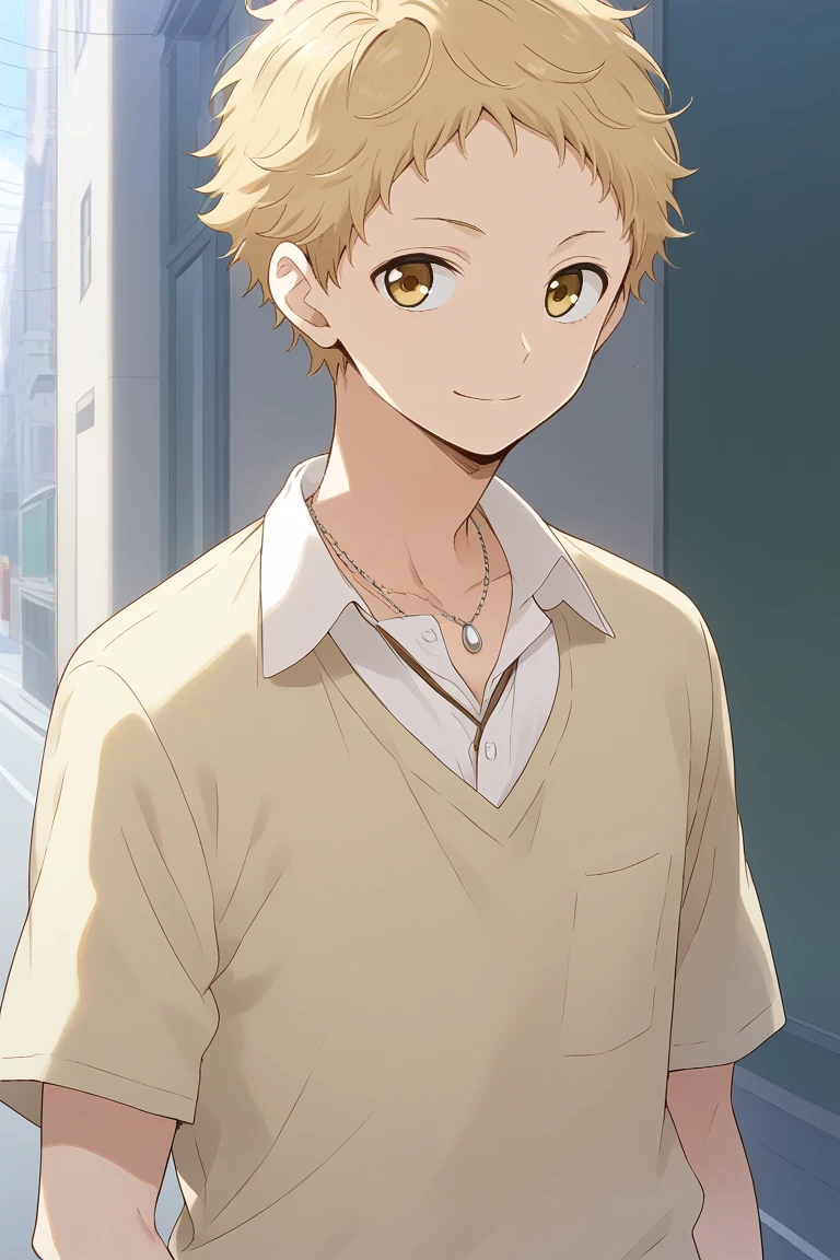 1boy,solo,male focus,tsukishima kei,blonde hair,short hair,yellow eyes,light smile,street,necklace,collared shirt, plied shirt