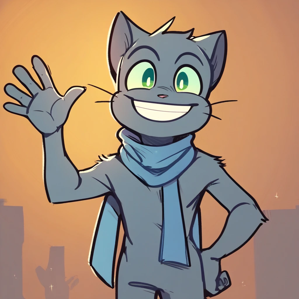 score_9, score_8_up, score_8, score_7, source_cartoon, source_furry, perfect hands, Solo, 1boy, cat, catboy, male furry, anthro, gray fur, green eyes, blue scarf, standing, front view, one hand on hip, waving to viewer, smiling, grin, mouth closed,