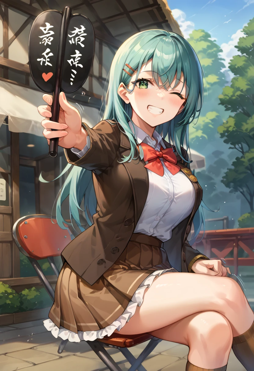 score_9,score_8_up,score_7_up,source_anime,
masterpiece,best quality,illustration,1 girl,solo,zPDXL3,
smiling,one arm outstretched,extreme perspective,wide stance,depth of field,bokeh,pier cafe,sitting on chair,holding a gunbai (1.5),<lora:gunbai_epoch_10:0.9>,Takeda,gunbai,hand holding gunbai thrusting out,
looking directly at viewer,<lora:suzuya:0.9>,suzuyaKC,long hair,aqua  hair,green eyes,skirt,large breasts,long sleeves,uniform,white shirt,pleated skirt,open clothing,hair clip,bow tie,red ribbon,blazer,cardigan,frilly skirt,red bow tie,brown skirt,brown jacket,brown knee socks,outdoors,one eye closed,effects,teeth,big black gunbai,motionlines,