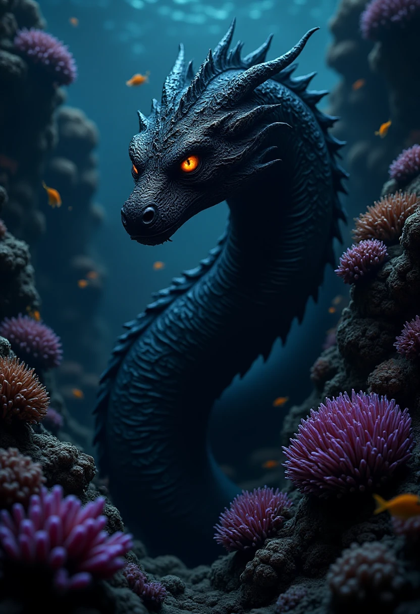 Onyx Optimizer, A massive, serpent-like creature covered in abyssal runes slithers through a glowing coral reef on an alien ocean floor, the neon-colored coral and fish illuminating its dark form as it moves like a shadow through the vibrant underwater world.