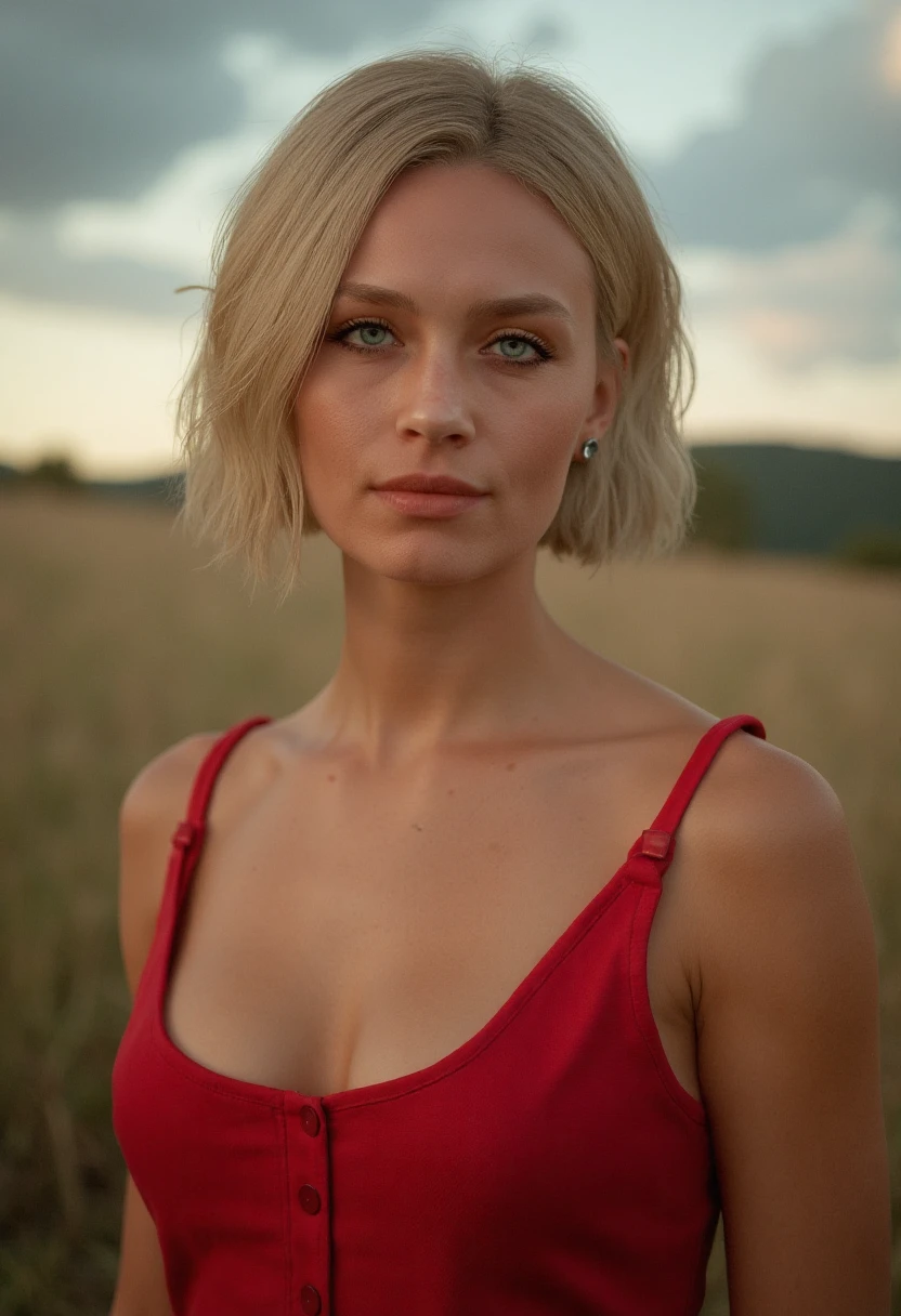 subtle grain, cinematic quality, professional portrait of sarah morgan, red dress, makeup, short blonde hair, fine art photography, film still, movie scene, outdoors, smile, <lora:Sarah_Morgan_Flux-000040:0.9>