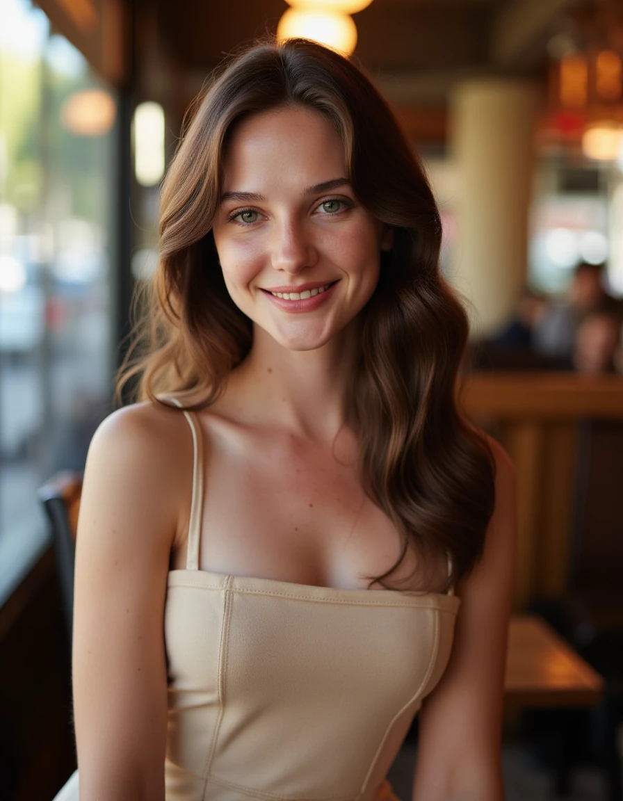 <lora:Alina_Boz_Flux:1>  beautiful detailed photograph, brown hair cascading over her shoulders, wearing a boatneck dress, standing in a cafe, looking at the viewer, smile