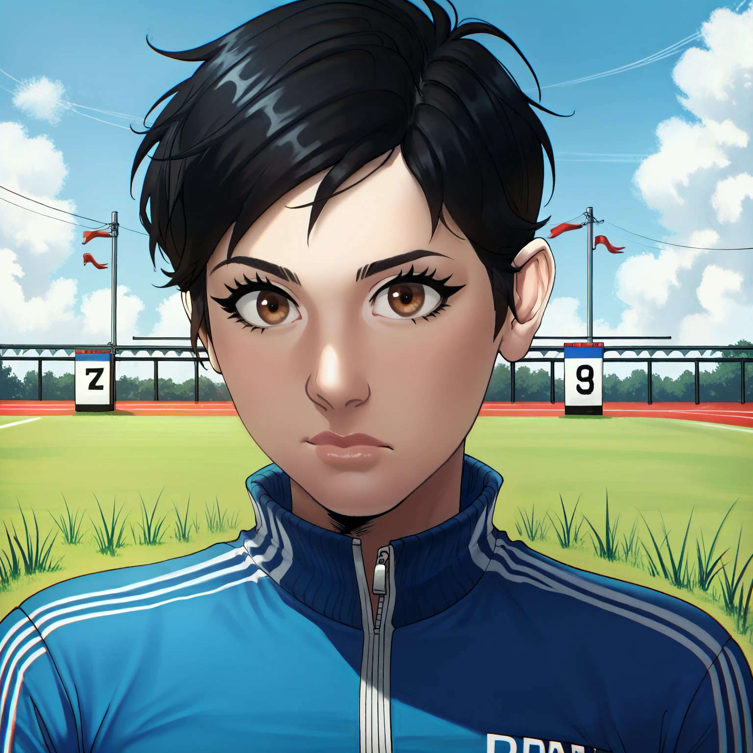 rating_safe, score_9, score_8_up, score_7_up, score_6_up, score_5_up, score_4_up, highres, incredibly absurdres, highly detailed, dim lighting, closed mouth, outdoors, 1girl, solo, BREAK
datyiosry, short hair, black hair, brown eyes, looking at viewer, jewelry, track suit,
 <lora:Daisy_Taylor:0.6>  <lora:echosaber:1> source_anime, echosaber