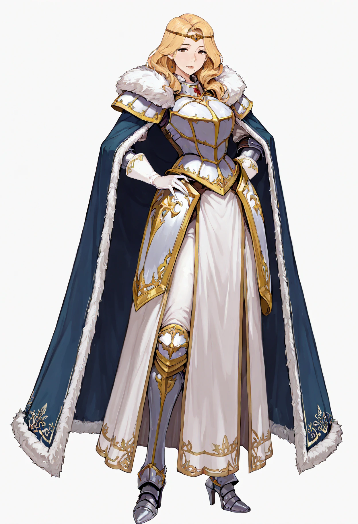 (highly detailed, best quality, high quality, attention to detail, intricate detail, masterpiece, very aesthetic, absurdres), 1girl, mature female solo, nose, mole under mouth, full body, white background, <lora:GAME_STYLE_Fire_Emblem_Binding_Blade:1> blonde hair, cape, armored dress, circlet, fur trim, armored boots, heels, white gloves, queen, looking at viewer, dynamic pose