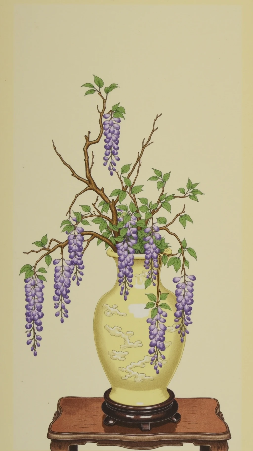 A traditional Chinese still life painting, with central composition, featuring elegant purple wisteria cascading from twisted branches with tender green leaves, arranged in a cream-colored porcelain jar with cloud patterns, placed on a carved rosewood stand, occupying the middle portion of the frame, watercolor art style, beige background, well-balanced composition with clear margins, traditional Chinese art techniques