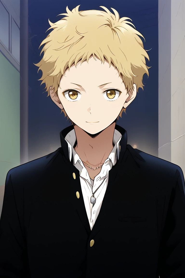 1boy,solo,male focus,tsukishima kei,blonde hair,short hair,yellow eyes,light smile,street,necklace,collared shirt, plied shirt