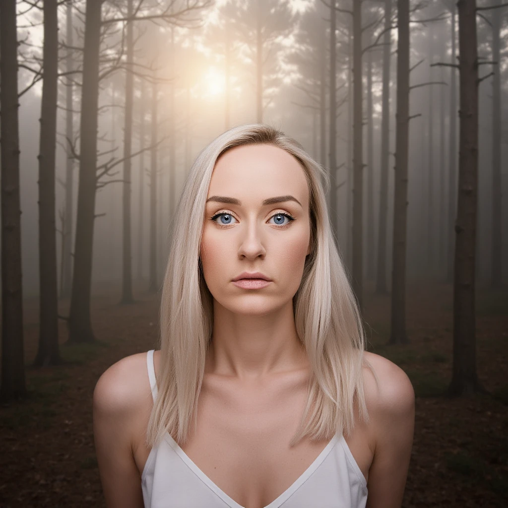 A photorealistic portrait of a platinum blonde woman in a misty forest at sunrise, filled with diffused golden light filtering through the trees.The shot is captured in a wide-angle with a low perspective, creating a dreamlike contrast between the worlds. Soft pastels and muted grays set the mood. Camera Settings: Captured with a Canon EOS 5D Mark IV, 35mm lens, f/1.8, with a slight bokeh effect in the background to focus on her gaze.,florab,borsif,flobo_art, shot by Flora Borsi xD