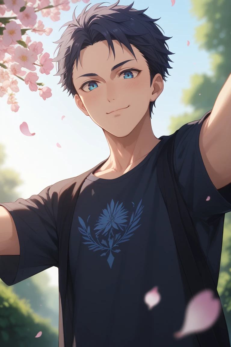 score_9, score_8_up, score_7_up, source_anime, rating_safe, day, natural lighting, spring theme, flowers, petals, male focus, selfie, outstretched arms, smiling, blushing, looking down at viewer, expressive face, ShogoGGLR, blue_ShogoGGLR_eyes, black_ShogoGGLR_short hair, closed mouth, oversized arms, manly, 1boy, blurry outdoors, from below, dutch angle, intricately detailed illustration, atmospheric perspective, depth of field