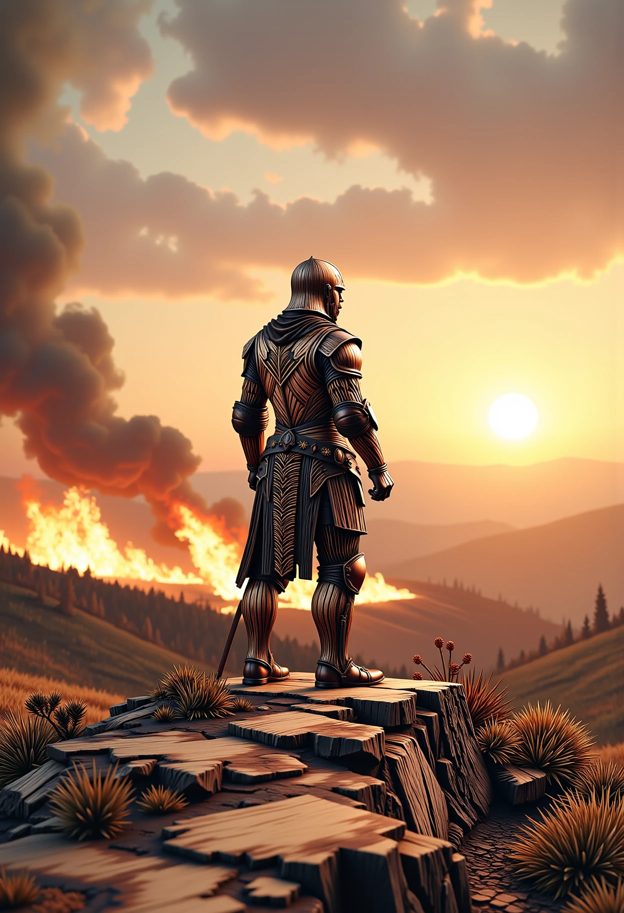 A warrior clad in armor standing triumphantly atop a hill during sunset, with flames from a nearby battlefield illuminating their silhouette, the details of the smoke and fire etched deeply into the wood
  <lora:dvr-pyro-flux:1> dvr-pyro-flux