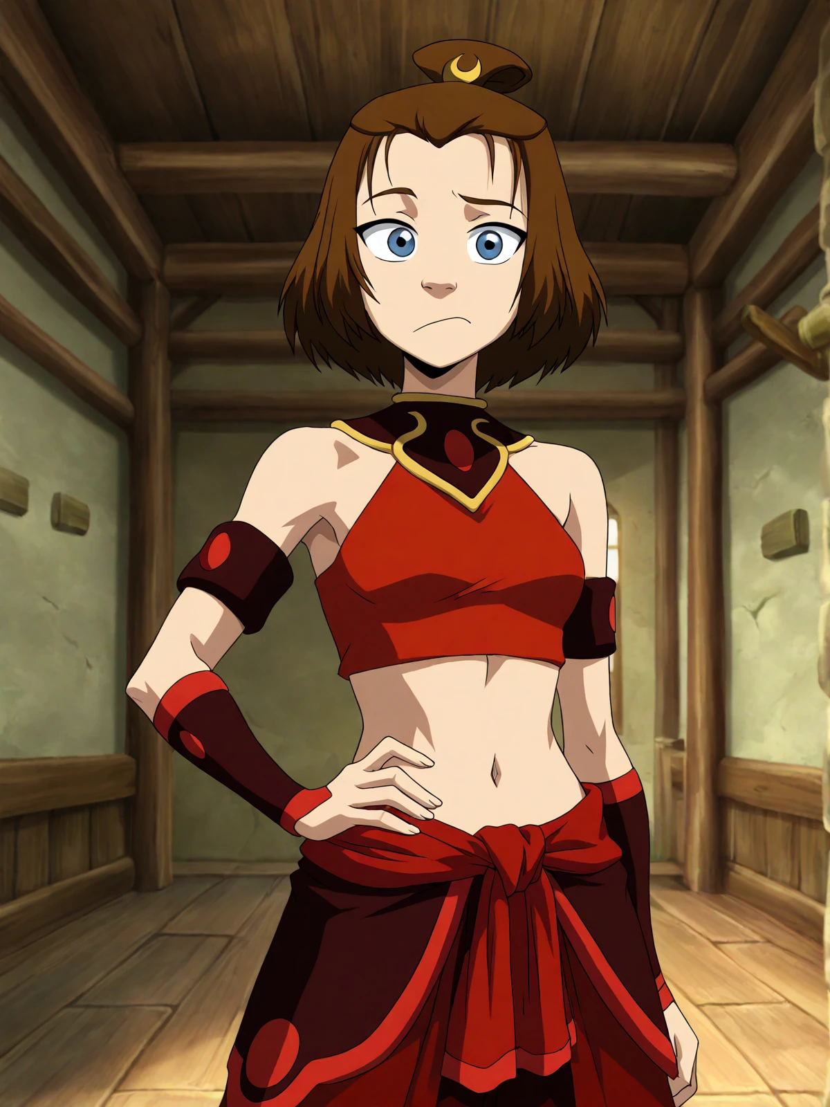 masterpiece, best quality, anime coloring
BREAK
suki \(avatar\), brown hair, short hair, topknot, blue eyes, red crop top, red skirt, red pants, midriff, armband, bare shoulders
BREAK
1girl, solo, standing, hand on own hip, indoors, village, cowboy shot
<lora:suki_nai-eps-sv_fro-0.98-16-16:1>