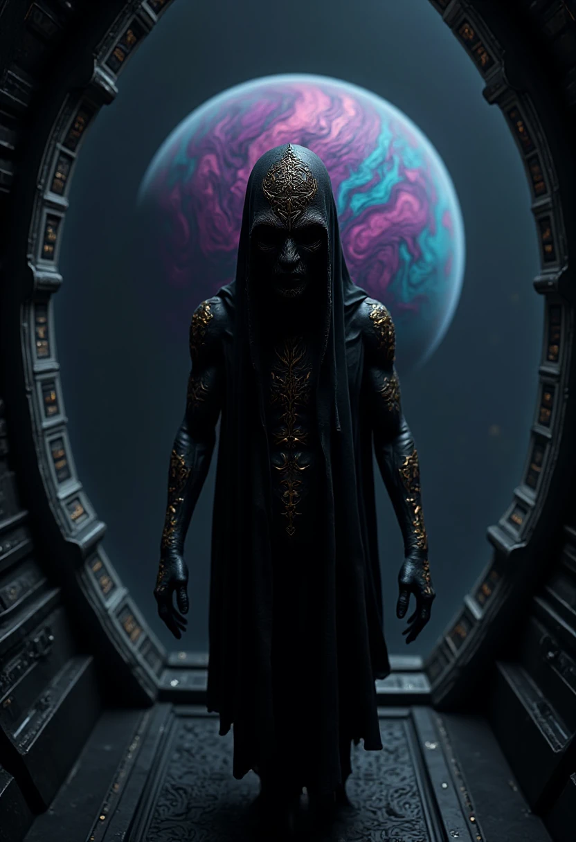 Onyx Optimizer, A cloaked, rune-covered humanoid figure drifts weightlessly in a space station with walls of pure glass, giving a view of an intensely colorful gas giant outside; the figureâs dark aura and symbols contrast with the swirling shades of violet, cyan, and pink on the planet below.