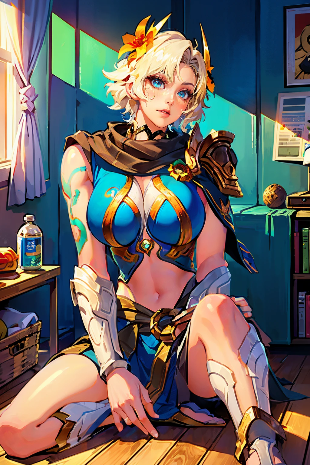 <lora:Taara_Utopian_AoV_Model_LoRA:0.8>, Taara_Utopian, 1girl, solo, short hair, blonde hair, white hair, hair ornament, flower, hair flower, looking at viewer, blue eyes, eyelashes, mole, mole under eye, lips, parted lips, shoulder armor, pauldrons, breasts, large breasts, armor, cape, blue cape, navel, tattoo, legs, boots, sandals, toes, toeless footwear
, indoors, book, window, chair, sunlight, box, scenery, wooden floor, computer, shelf, poster (object), best quality, ultra high res, (photorealistic:1.4), masterpiece, real life skin, hyper real