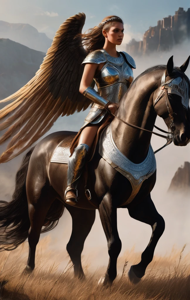 Ultra realism, high quality, high resolution 8K and above, stable and accurate focus, ultra correct anatomy, super detail. Valkyries depicted in their majestic form ready for battle.
- **Valkyries**: Beautiful, imposing warrior maidens clad in shining bronze armor with ornate helmets and winged helmets. They hold spears and swords that glitter in the light. Each Valkyrie carries a shield with runic symbols and intricate carvings. Their faces radiate determination and courage, their hair long and flowing in the wind.
- **Horses**: Winged steeds covered with silvery scales that fly over land and sea. The horses' wings are spread, creating an impressive sense of movement and power.
- **Background**: A harsh mountain landscape shrouded in clouds and mists. The sky is lit by dawn or sunset, adding drama to the scene. Distant castles and ancient ruins can be seen on the horizon, accentuating the mythical atmosphere.
- **Atmosphere**: High tech and futuristic, emphasizing the grandeur of the Valkyries and their readiness for battle.
- **Lighting Effects**: Soft dawn or dusk lighting effects that illuminate the scene and highlight the details in the Valkyries' armor and weapons.
- **Details**: Runic symbols and intricate carvings on the shields and armor, detailed textures on the winged horses and armored Valkyries, flowing hair and flames in the Valkyries' eyes.