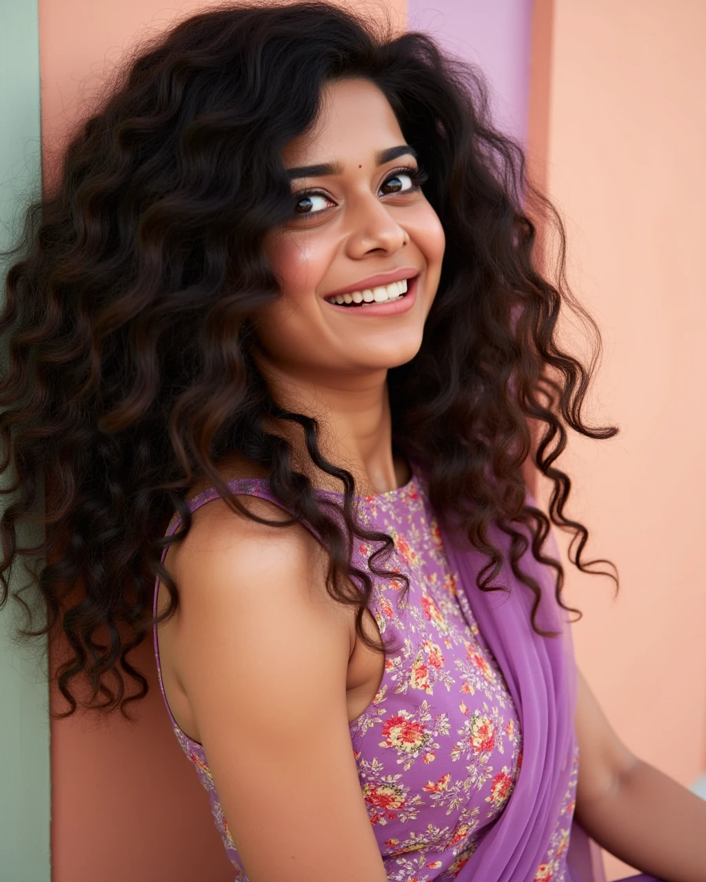 cowboy shot photo of Mithila Palkar woman,candid photo with natural colors, smiling expression on face,studio quality, wearing intricate conservative sleeveless Plum Kurti with Leggings, curls, pastel shaded multicolored background, cinematic soft lighting<lora:TestBed\Mithila_Palkari_2024_Flux_Kohya_LoRA_v1.safetensors:1.0:1.0>