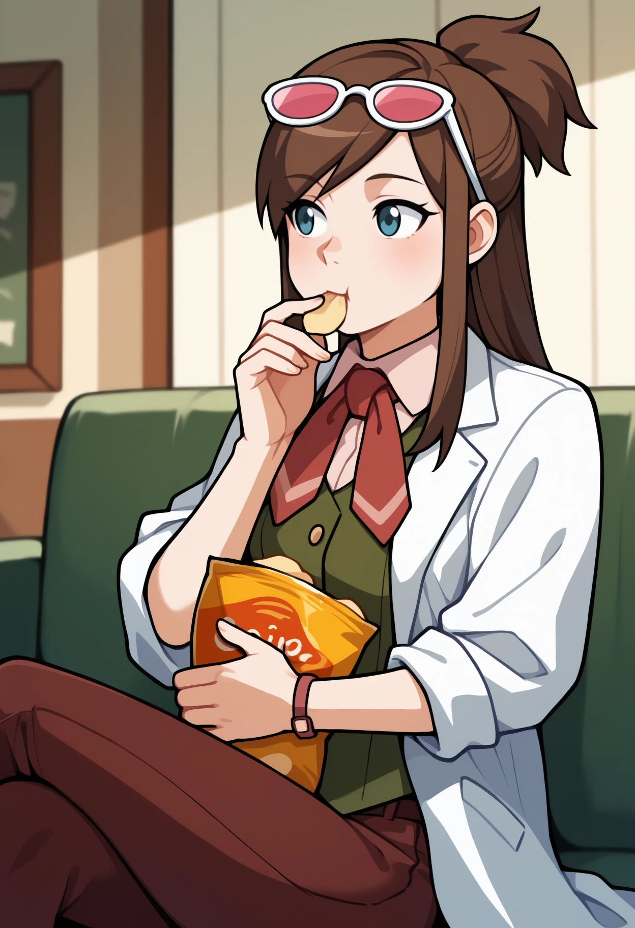 masterpiece, best quality, <break> solo, 1girl, ema skye, expressionless, looking away, sitting, couch, holding food, chips \(food\), eating, brown hair, half updo, sunglasses, eyewear on head, blue eyes, white lab coat, sleeves rolled up, green vest, red neckerchief, brown pants, indoors, living room
<segment:yolo-Anzhc Face seg 640 v2 y8n.pt,0.4,0.5//cid=1>