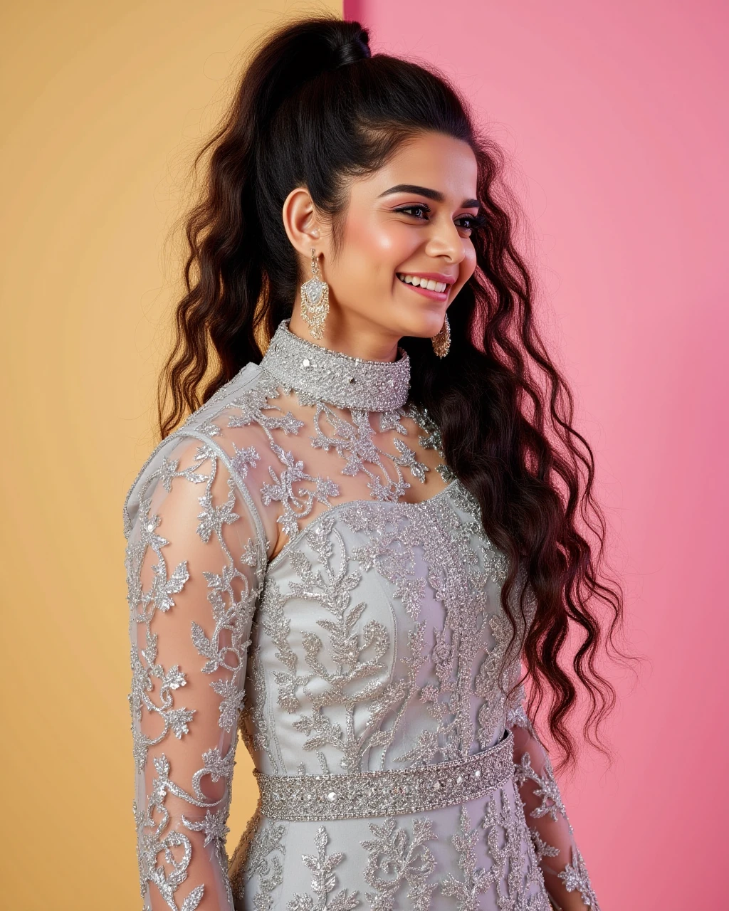 cowboy shot photo of Mithila Palkar woman,candid photo with natural colors, smiling expression on face,studio quality, wearing intricate conservative turtleneck Silver Anarkali Suit, high ponytail, pastel shaded multicolored background, cinematic soft lighting<lora:TestBed\Mithila_Palkari_2024_Flux_Kohya_LoRA_v1.safetensors:1.0:1.0>