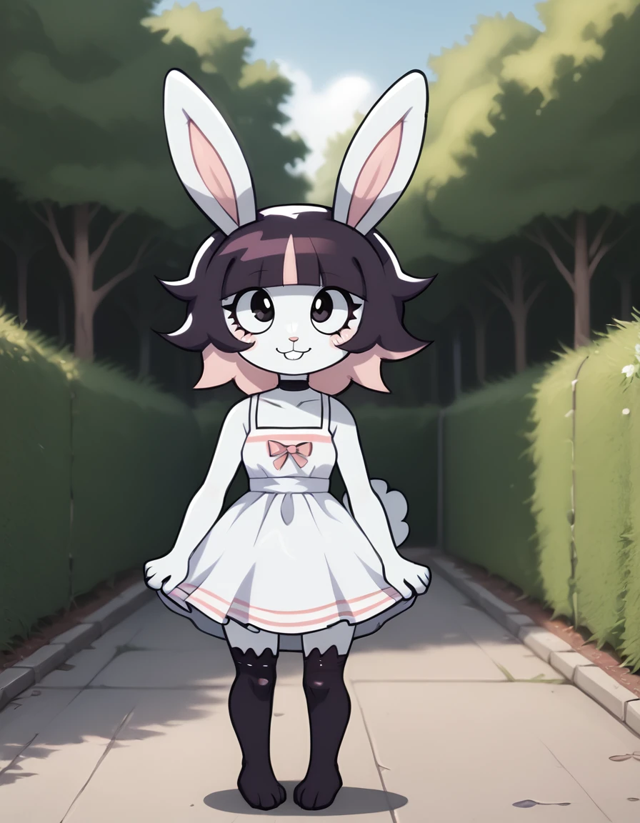 outdoors,detailed background,
bubny,1girl,solo,rabbit girl,bangs,black hair,short hair,rabbit ears,multicolored hair,blunt bangs,furry female,black eyes,pink hair,purple hair,choker,rabbit girl,two-tone hair,rabbit tail,animal nose,
full body,smile,long eyelashes,
pink sundress, black thighhighs, 
<lora:Bubny_v01_PDXL:1>,